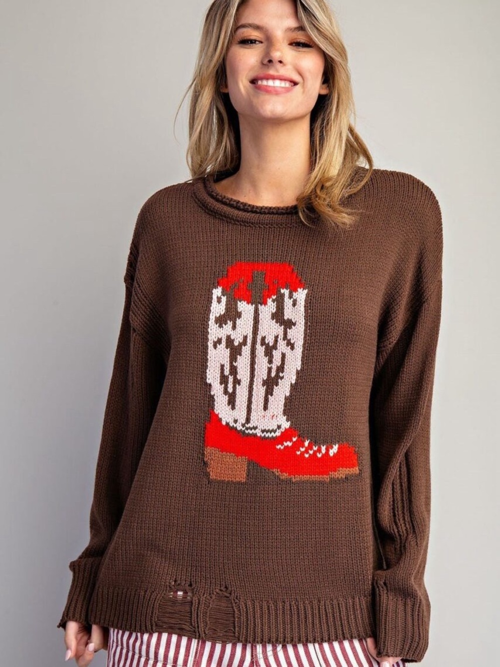 BDG Stella Cowboy Boot Graphic Distressed Pullover Sweater